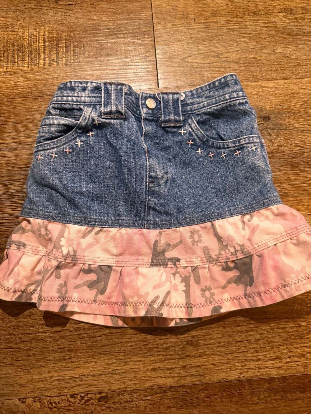 Y2K Legends Denim Skirt Size 5 Pink Ruffle Hem Cross Stitch